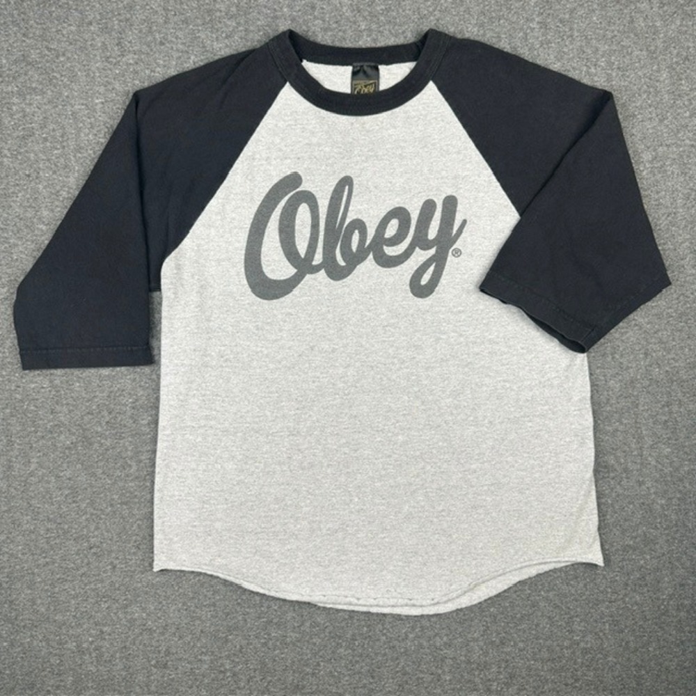 Obey Mens Script Logo Raglan 3/4 Sleeve Baseball Tee Grey Black Size M